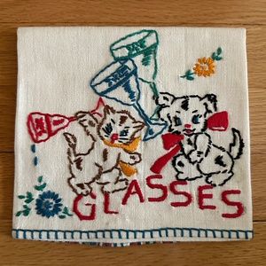 Vintage Embroidered Linen Tea Towel 1950 Cat Dog
